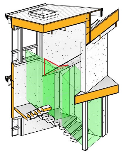 A 3D view created to identify potential head height issues at a complex stair location.