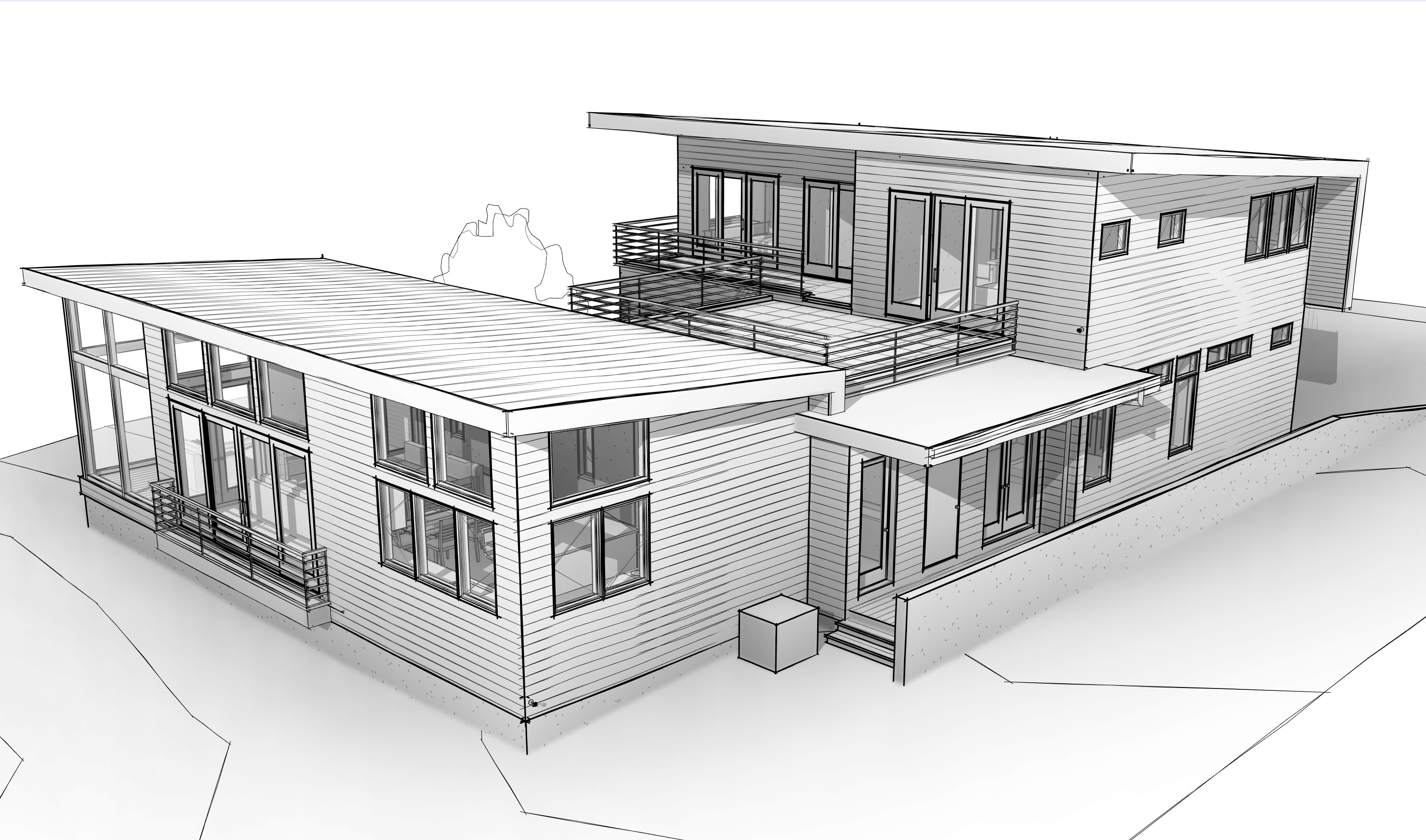 Future-phased geometry is independent of, yet related to the original house model.
